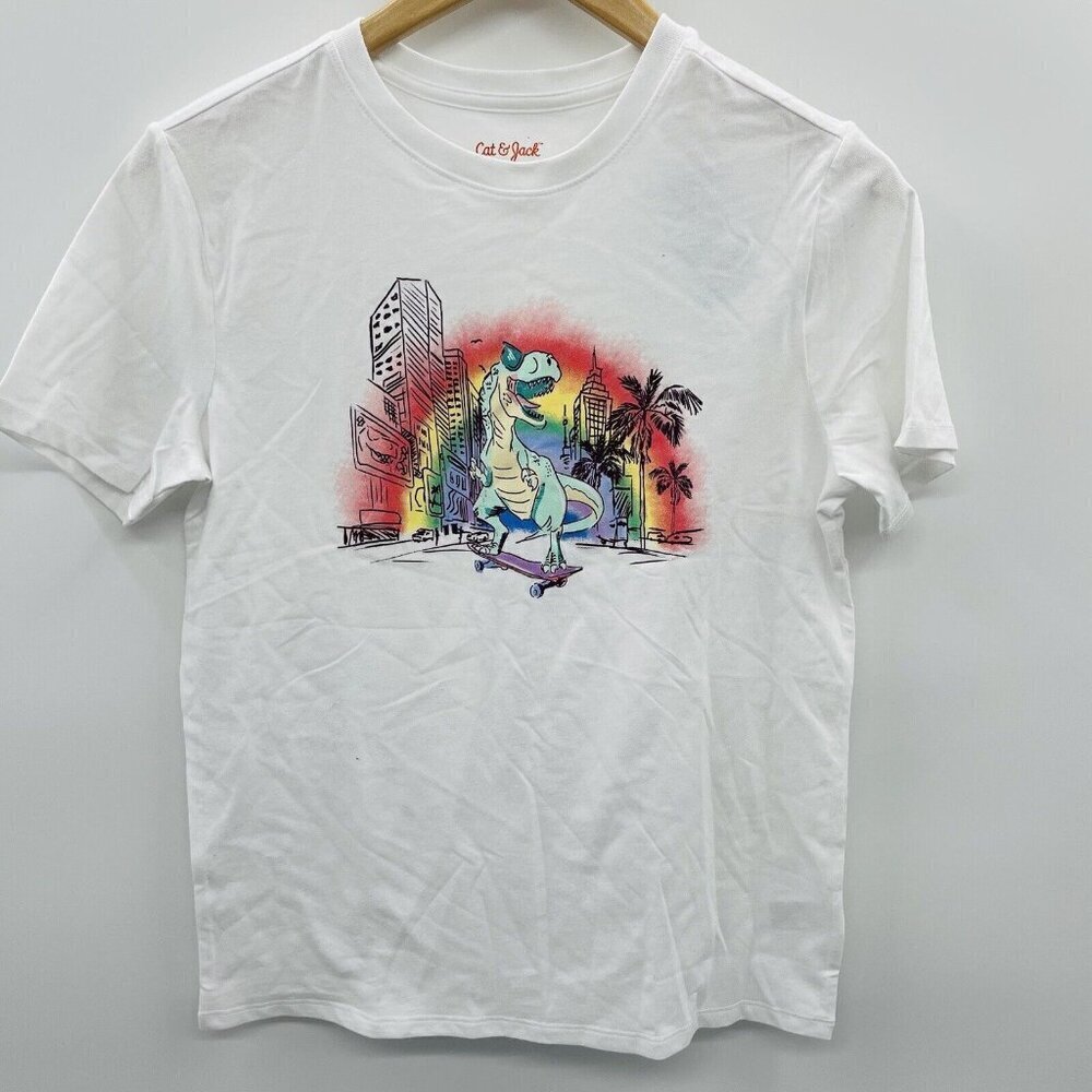 Cat & Jack Youth Boys Size XL 14 Short Sleeve Dino Skateboarding Graphic Tee 576